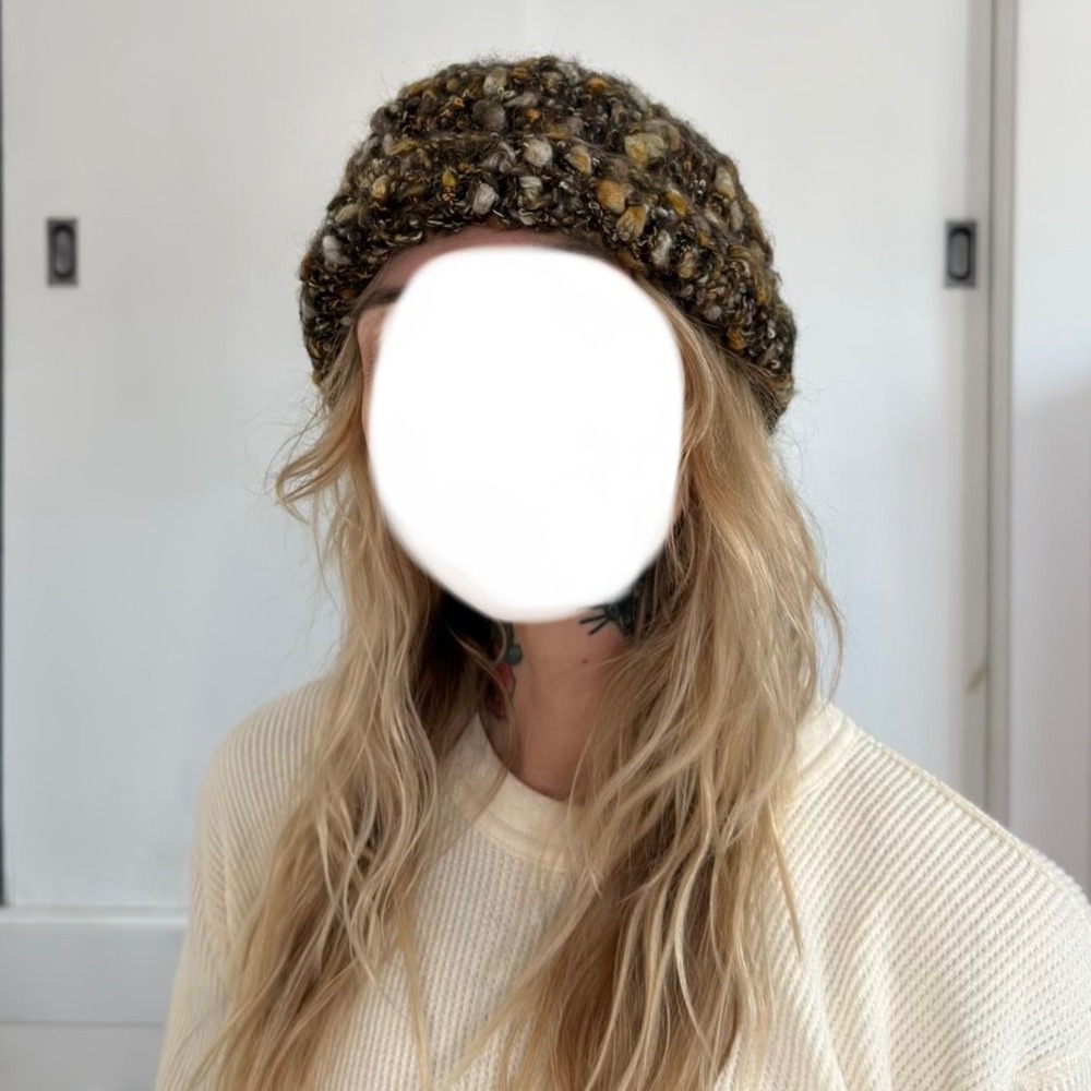Handmade Chunky Knit Beanie Hat Earth Tones Brown Gold Slouchy Beret 2-Way Wear